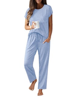 Foto 1 | Foto 1 | Conjunto De Pijama Ekouaer Con Mangas Casquillo Y Bolsillos, Color Azul Claro - Venta Internacional.