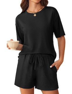 Foto 1 | Foto 1 | Conjunto De Pijama Ekouaer De Punto Acanalado Para Mujer, Manga Corta, Negro - Venta Internacional.
