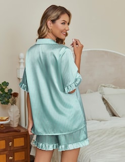 Foto 2 | Foto 2 | Pijama Ekouaer De Satén De Seda Para Mujer, 2 Piezas, Rayas Verdes Y Blancas - Venta Internacional.