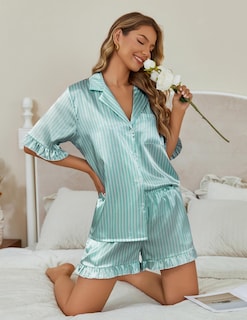 Foto 3 | Foto 3 | Pijama Ekouaer De Satén De Seda Para Mujer, 2 Piezas, Rayas Verdes Y Blancas - Venta Internacional.