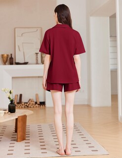 Foto 5 | Foto 5 | Conjunto De Pijama Ekouaer Para Mujer, Algodón, Manga Corta, Color Rojo Vino - Venta Internacional.