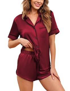Foto 1 | Foto 1 | Conjunto De Pijama Ekouaer De Satén De Seda Para Mujer, Color Rojo Vino, Talla M - Venta Internacional.