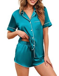 Foto 1 | Foto 1 | Conjunto de Pijama Ekouaer de Satén de Seda para Mujer Manga Corta Azul - Venta Internacional