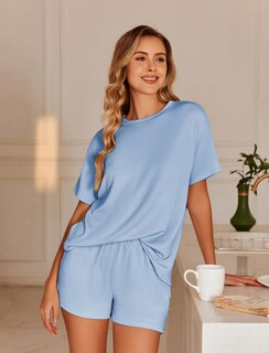 Foto 3 | Foto 3 | Conjunto De Pijama Ekouaer De Manga Corta Lounge De 2 Piezas Azul Cielo - Venta Internacional.