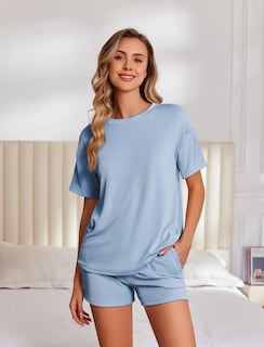 Foto 2 | Foto 2 | Conjunto De Pijama Ekouaer De Manga Corta Lounge De 2 Piezas Azul Cielo - Venta Internacional.