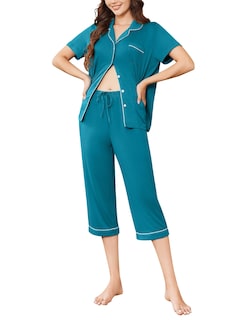 Foto 2 | Foto 2 | Conjunto De Pijama Ekouaer Capri Para Mujer De Manga Corta Con Botones, Color Azul - Venta Internacional.