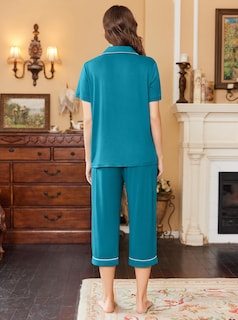 Foto 3 | Foto 3 | Conjunto De Pijama Ekouaer Capri Para Mujer De Manga Corta Con Botones, Color Azul - Venta Internacional.