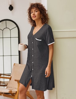 Foto 3 | Foto 3 | Camisones Ekouaer Misty Grey Con Cuello En V De Manga Corta Para Mujer - Venta Internacional.