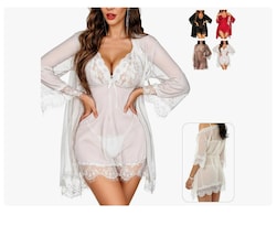 Conjunto De Camisón De Encaje Para Mujer Pijama Sexy 4pcs Blanco