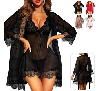 Foto 1 | Foto 1 | Conjunto De Camisón De Encaje Para Mujer Pijama Sexy 4pcs Negro