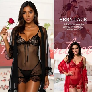 Foto 4 | Foto 4 | Conjunto De Camisón De Encaje Para Mujer Pijama Sexy 4pcs Negro