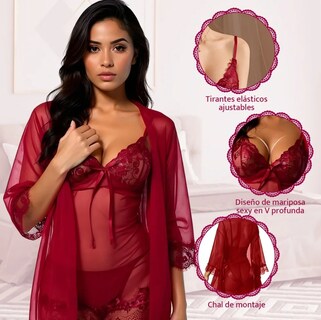 Foto 3 | Foto 3 | Conjunto De Camisón De Encaje Para Mujer Pijama Sexy 4pcs