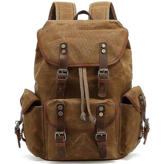 Foto 1 | Foto 1 | Mochila Huoguo Retro De Lona Impermeable Con Piel Caqui - Venta Internacional.