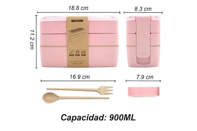 Foto 5 | Foto 5 | Caja de Almuerzo Infantil 3 Capas Estilo Japonés Rosa 900 ml con Tenedor y Cuchara