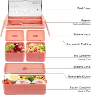 Foto 4 | Foto 4 | Caja Bento A Prueba De Fugas De 1400 Ml, Apilada Con Compartimento, Color Rosa - Venta Internacional.
