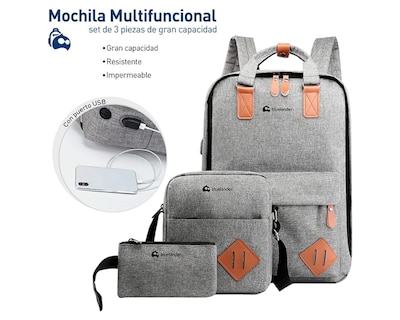 Foto 2 | Foto 2 | Mochila Escolar para Laptop Bluelander 3 en 1 color Gris Carga USB para Power Bank Impermeable + Mochila Cruzada + Lapicera