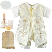 Bautizo Traje Ropón Niño + Kit Vela Trajecito Bebé Espigas Beige