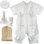 Traje Ropon Bautizo Niño + Kit Vela Trajecito Bebé Espigas Blanco