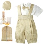 Traje Bautizo Niño Bombacho Ropón + Kit Vela + Boina Israel Beige