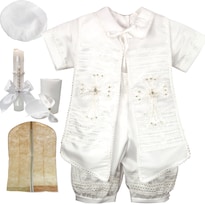 Traje Ropon Bautizo Niño + Kit Vela Bebé Santiago Blanco