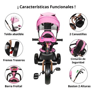 Foto 3 | Foto 3 | Triciclo Infantil Tipo Carriola Con Bastón Ajustable Luz Y Sonido - Rosa