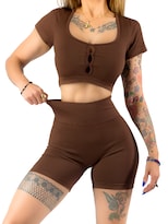 Conjunto Deportivo De Mujer De Short Y Blusa Conj-070 Cafe Stretch Push Up