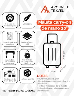 Foto 2 | Foto 2 | Maleta de Viaje 10 KG Carry On 20'' Armored Travel Negro
