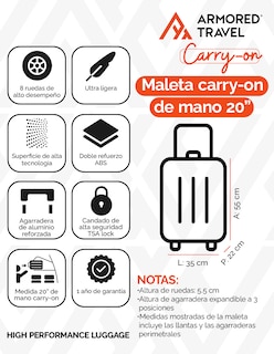 Foto 2 | Foto 2 | Maleta De Viaje Rígida Carry On De Mano Cabina Modelo Palace 20 Pulgadas 10 Kg Candado Alta Seguridad Tsa Lock Armored Travel