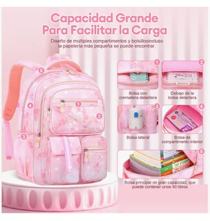 Foto 2 | Foto 2 | Mochila Bolsa Niña Escolar Primaria Infantil Impermeable Aitirrobo Arcoíris Capacidad Lazo Rosa