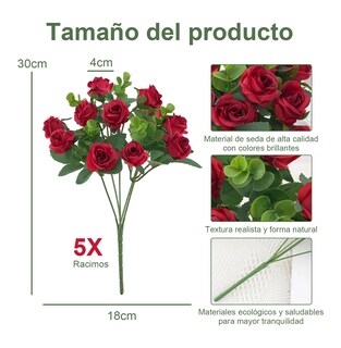 Foto 3 | Foto 3 | 5 Ramos Flores Rose Artificiales Rama Decorativa 50 Flores Eo Safe Imports Esi-19812 Rojo