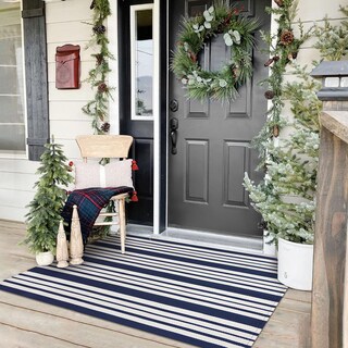 Foto 1 | Foto 1 | Alfombra De Exterior Kozyfly A Rayas De 90 X 150 Cm, Lavable, Azul Marino Y Blanco - Venta Internacional.