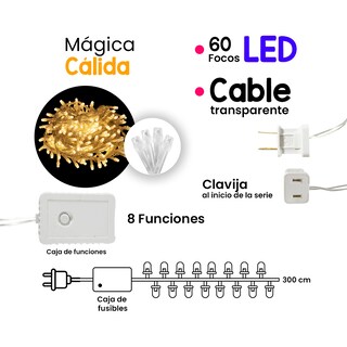 Foto 2 | Foto 2 | Serie Decorativa Paquete 12 Pz Luz Led Cálida 60 Focos 8 Funciones Cable Transparente 3m