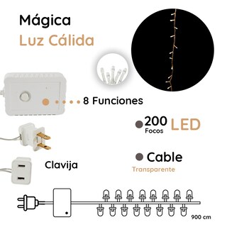 Foto 2 | Foto 2 | Serie Decorativa Luz Led Cálida 200 Focos 8 Funciones Cable Transparente 9 m.