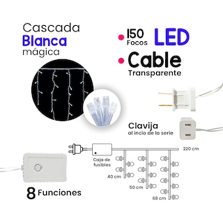 Foto 2 | Foto 2 | Cascada Luz Led color Blanca Fría 150 Focos 8 Funciones Cable Transparente 2 M