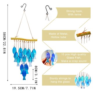 Foto 6 | Foto 6 | Campanillas De Viento H&d Hyaline & Dora Con Forma De Pez De Cristal Azul, 58 Cm - Venta Internacional.