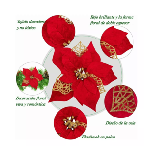 Foto 4 | Foto 4 | Flores Noche Buenas Navideñas Artificiales 12 Pzs Clip 12 Pzs, Rojo