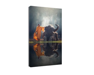 Foto 1 | Foto 1 | Cuadro Decorativo Entelado 70x120cm Monje y Elefante en el Campo de Tailandia, Conexión Espiritual y Natural