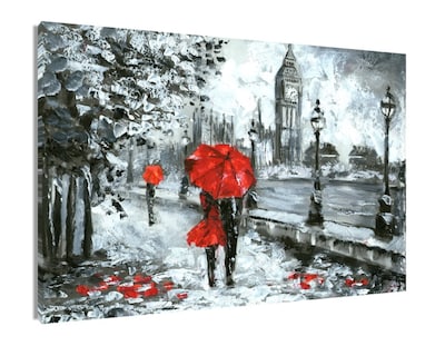 Foto 1 | Foto 1 | Cuadro Decorativo Entelado 100X150cm Vista de Londres en Pintura al Óleo, Big Ben en Blanco, Negro y Rojo