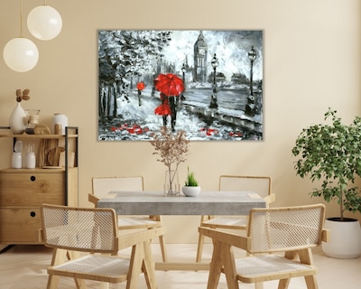 Foto 2 | Foto 2 | Cuadro Decorativo Entelado 100X150cm Vista de Londres en Pintura al Óleo, Big Ben en Blanco, Negro y Rojo