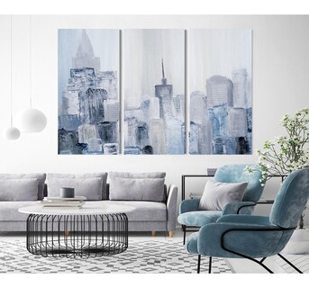 Foto 1 | Foto 1 | Set Cuadros Canvas Ciudad Azul Abstracto Tipo Óleo Galería