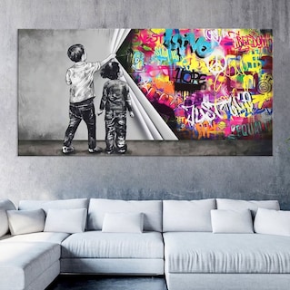 Foto 4 | Foto 4 | Cuadro Banksy Muro Graffiti Niños Canvas Grueso 120x60 Cm Armazón Bastidor De Madera