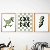 Set 3 Cuadros Niños Cool Dude T-rex Marcos De Madera