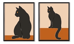 Set 2 Cuadros Gato Negro Minimalista Moderno Marcos Madera