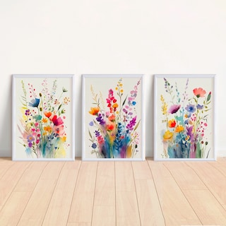 Foto 1 | Foto 1 | Set Cuadros Flores Acuarela Con Marco Madera Colorido Modern