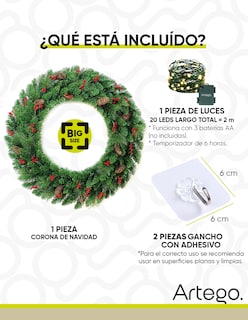 Foto 5 | Foto 5 | Corona De Navidad 80 Cm Con Luces Led Con Cerezas Y Piñas Artego