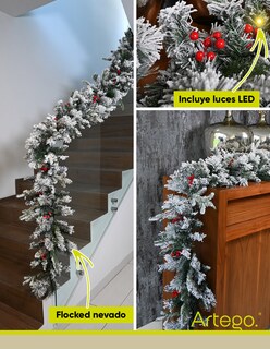 Foto 2 | Foto 2 | Guirnalda De Navidad Scarlet Decorativa Navideña 270cm Con Luces Led Nevada Con Berries Rojos Natural Decoración Realista