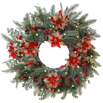 Corona De Navidad 50cm Iluminada Flor Nochebuena Roja / Dorada Con Piñas Y Ramas Premium Grey Guirnalda Luces Led Cálida