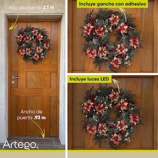 Foto 2 | Foto 2 | Corona De Navidad 50cm Iluminada Flor Nochebuena Roja / Dorada Con Piñas Y Ramas Premium Grey Guirnalda Luces Led Cálida