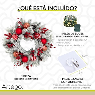 Foto 7 | Foto 7 | Corona De Navidad 60cm Jingle Premium Iluminada Guirnalda Navideña Luces Led Nevada Piñas Berries Y Esferas Rojas