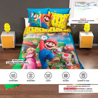 Foto 6 | Foto 6 | Edrecolcha Matrimonial Providencia Mario y Luigi al Ataque Multicolor Doble Vista 3 Piezas